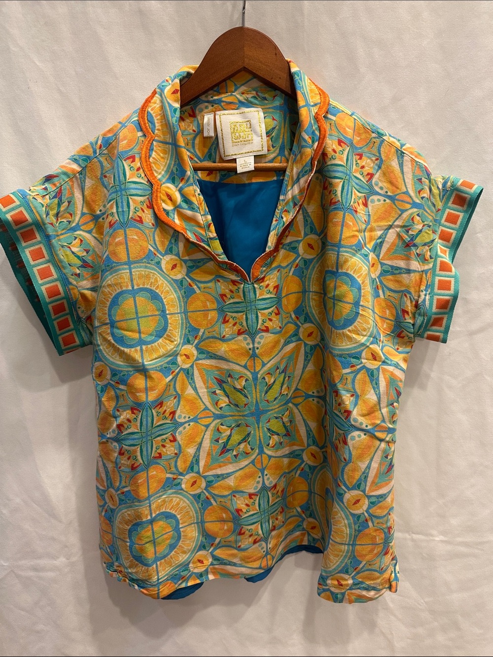 Women’s Short Sleeve Patterned Shirt in Turquoise & Yellow, Emily McCarthy, L